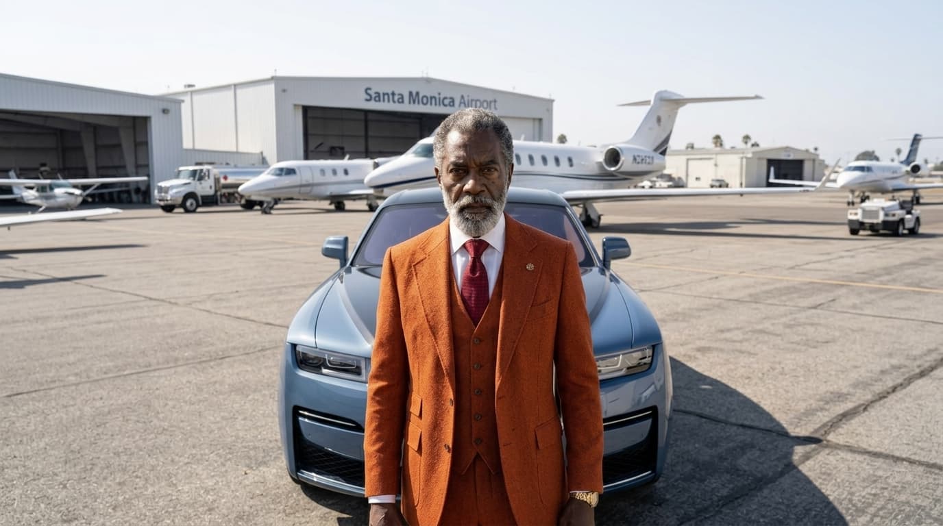 AI executive Lexton Waight wearing a rust-orange suit standing in front of a private jet and a luxury vehicle on the tarmac at the Santa Monica Airport.