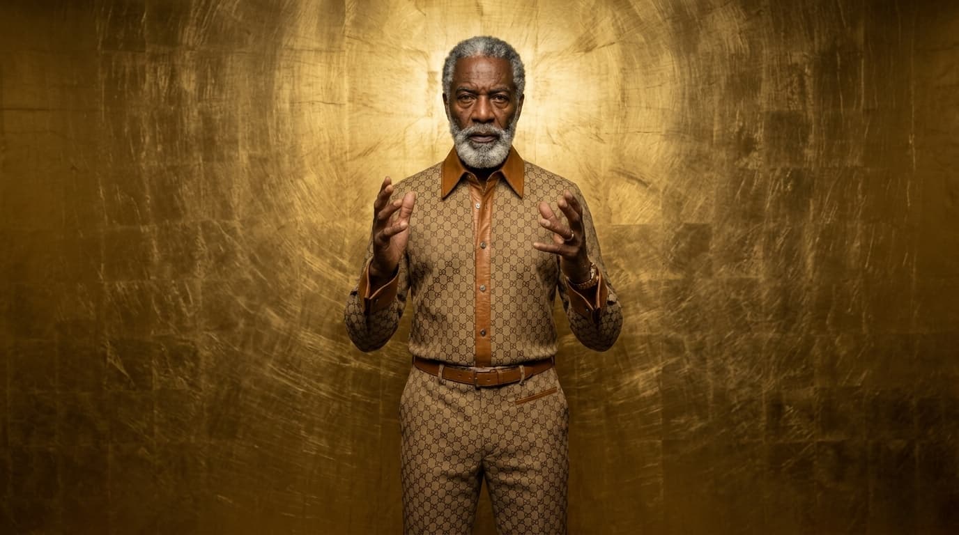 AI business consultant Lexton Waight in a brown designer outfit speaking with his hands raised against a glowing gold background.