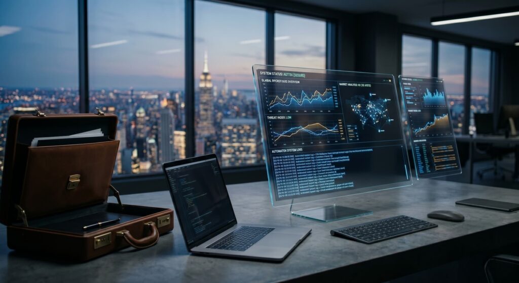 Dark mode digital dashboard showing AI automation infrastructure and API webhook data streams.