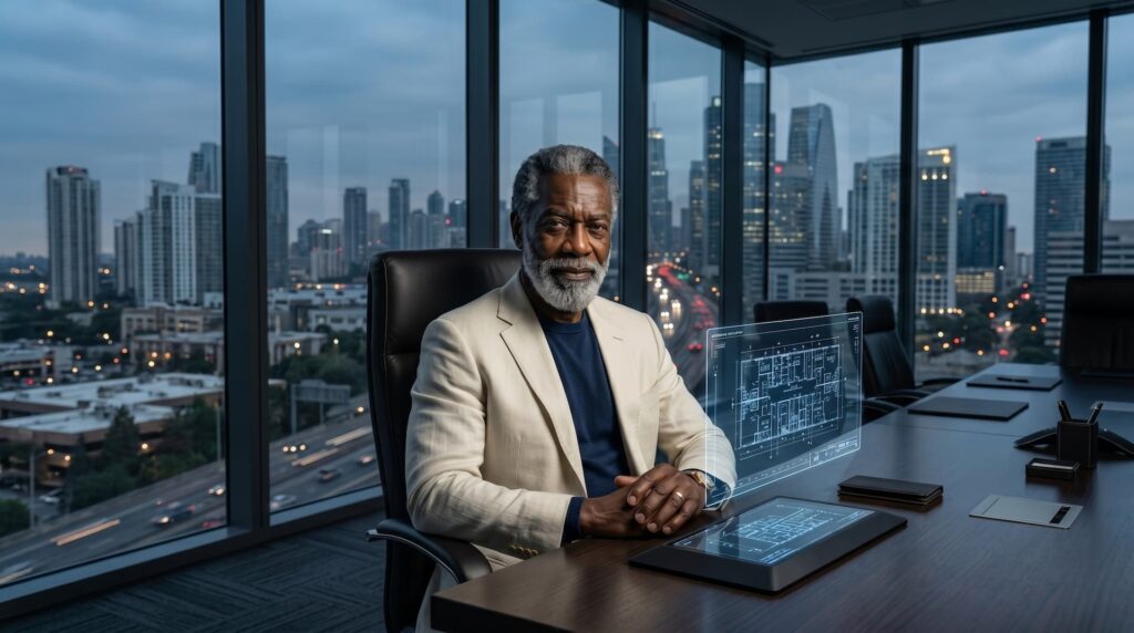 Lexton Waight, a business automation architect, sitting in a luxury corporate boardroom overlooking a modern city skyline.