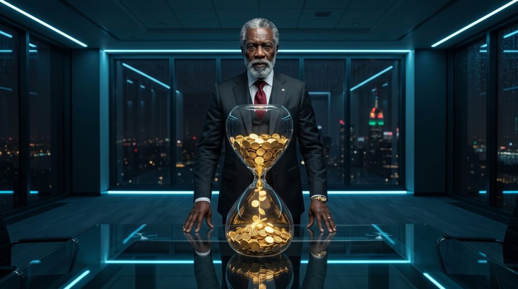 African American executive standing behind a glowing hourglass filled with gold coins, representing the billion-dollar cost of hesitation in the Elon Musk OpenAI lawsuit.