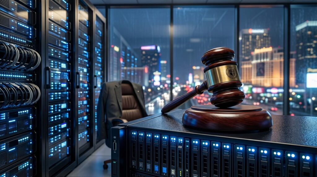 A judge's gavel resting on a glowing AI server rack, symbolizing the federal jury's dismissal of the Elon Musk and OpenAI legal battle.