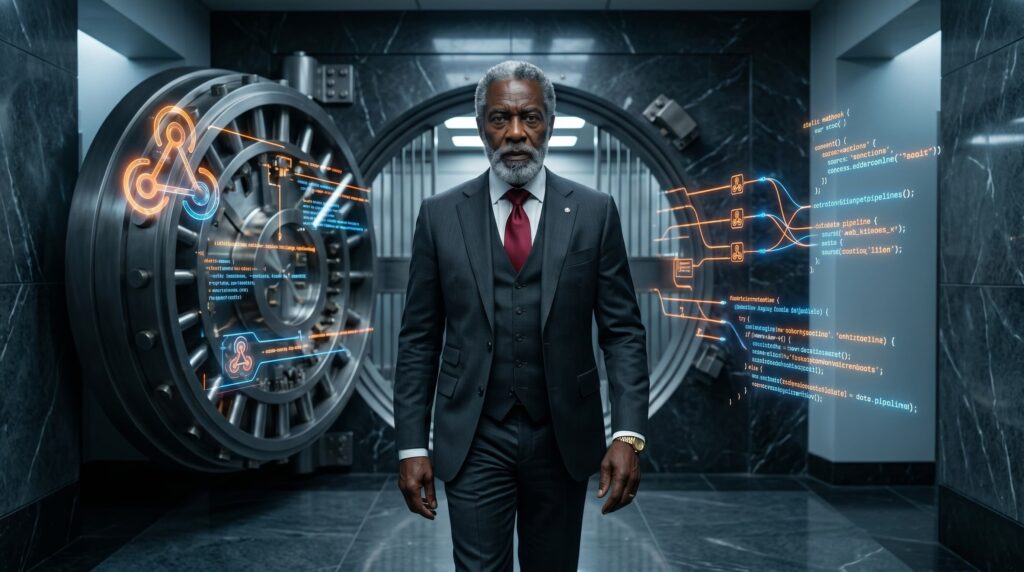 AI agency executive walking out of a bank vault surrounded by glowing Zapier webhooks and automated digital infrastructure.