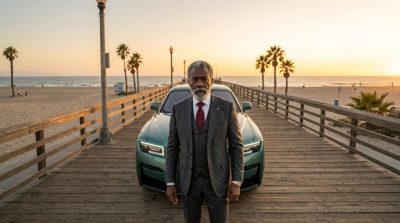 Lexton Waight, CEO of The Daily Execute, standing in a tailored suit on a beach pier in front of a luxury car, representing high-ticket digital infrastructure.